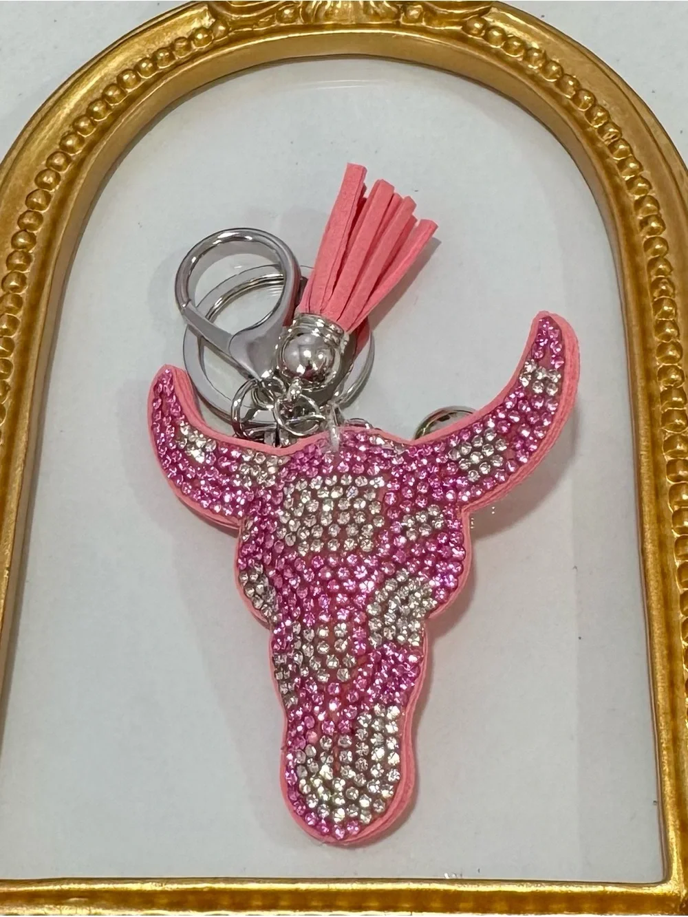 New Pink Rhinestone Bull Head Keychain with Tassel Charm